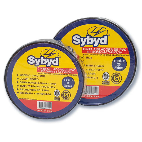 Cinta Aisladora Premium SYBYD Autoextinguible PVC 20M 0.18x19mm CPVC18N20