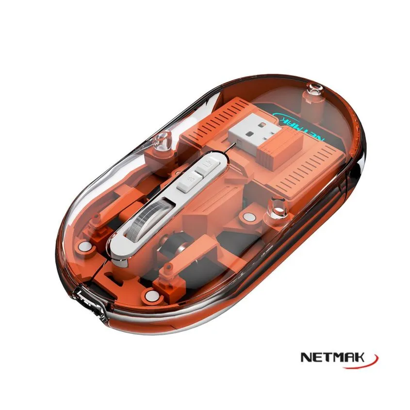 Mouse Transparente 2,4Ghz/BT5,0 Recargable Netmak Naranja NM-M670-O