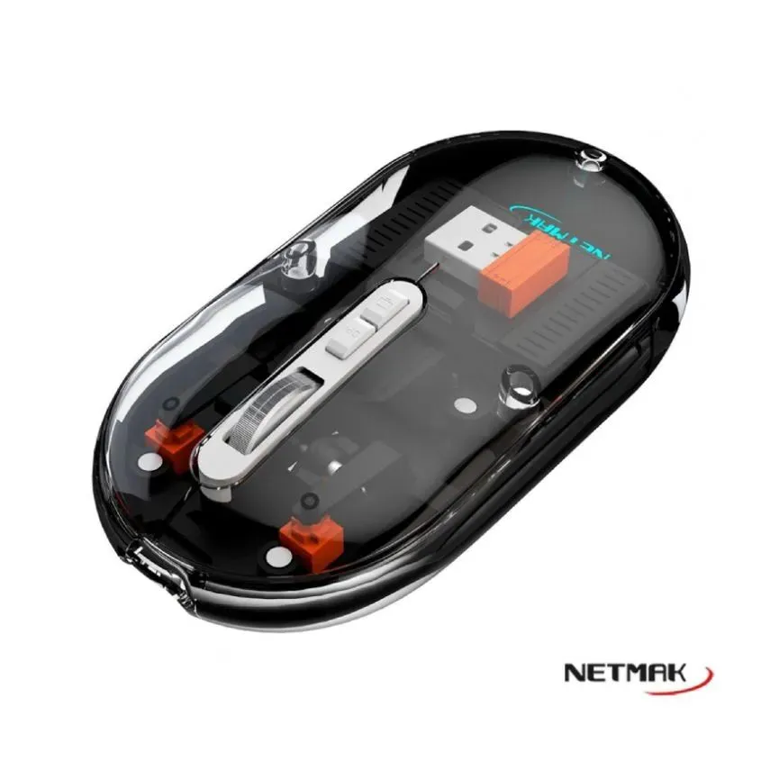 Mouse Transparente 2,4Ghz/BT5,0 Recargable Netmak Negro NM-M670