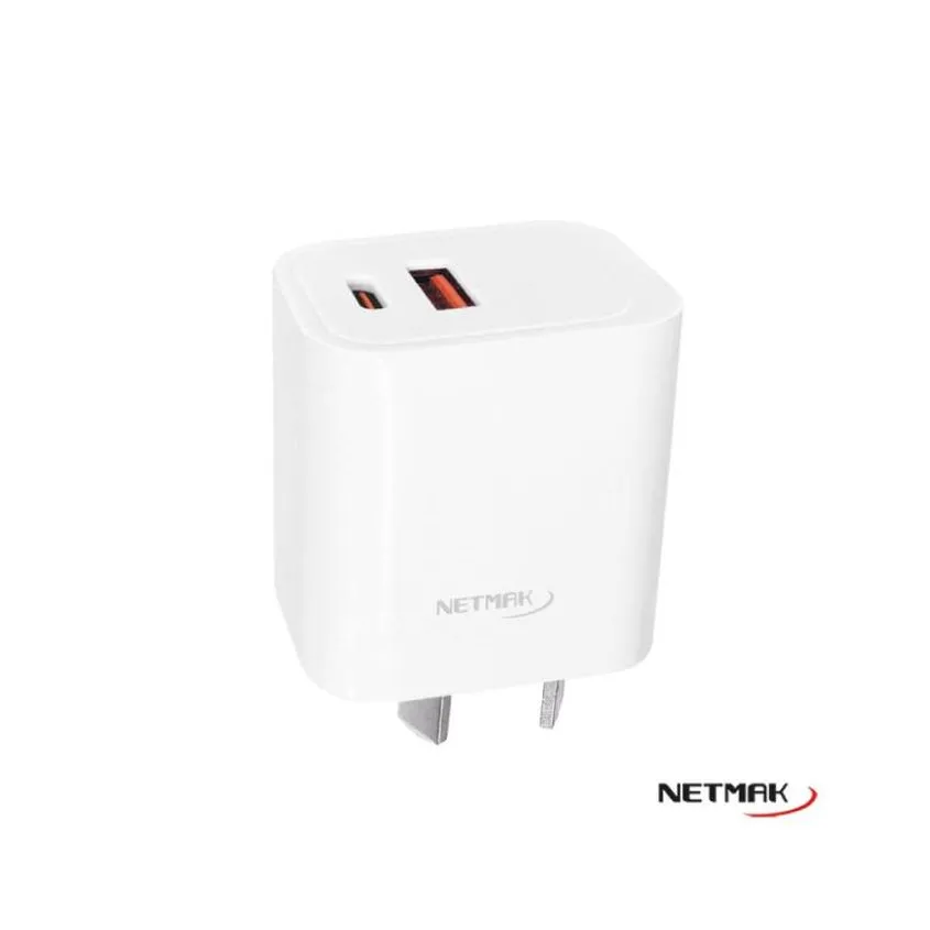 Cargador doble QC Usb + PD Usb-C 20W Blanco Netmak NM-CP7