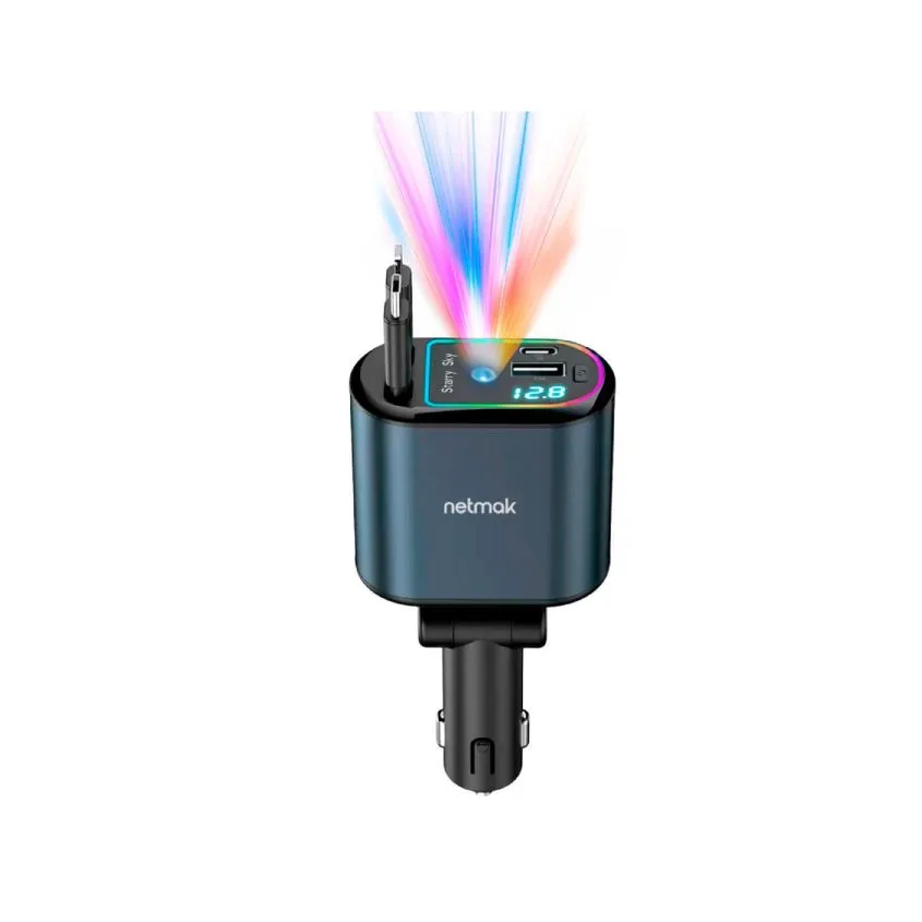 Cargador p/ Auto 4en1 66W c/ Proyector Usb-C Lightning Retractil NM-UCC9