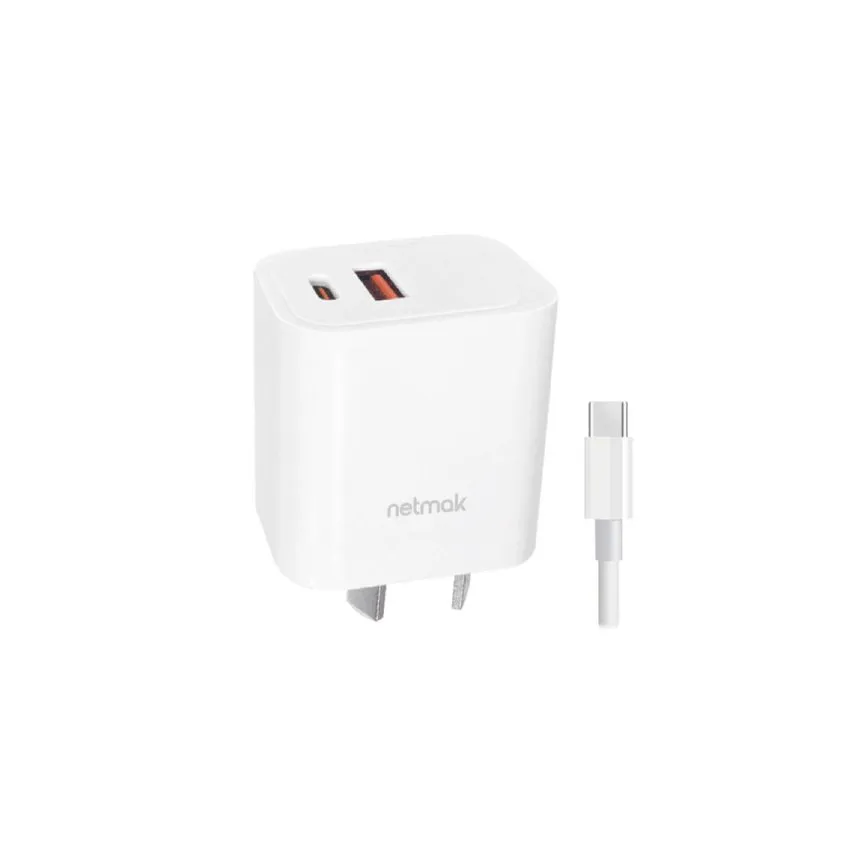 Cargador  QC3.0 20W + USB-C PD 20W Carga Rapida c/ cable Tipo C Netmak NM-CP28