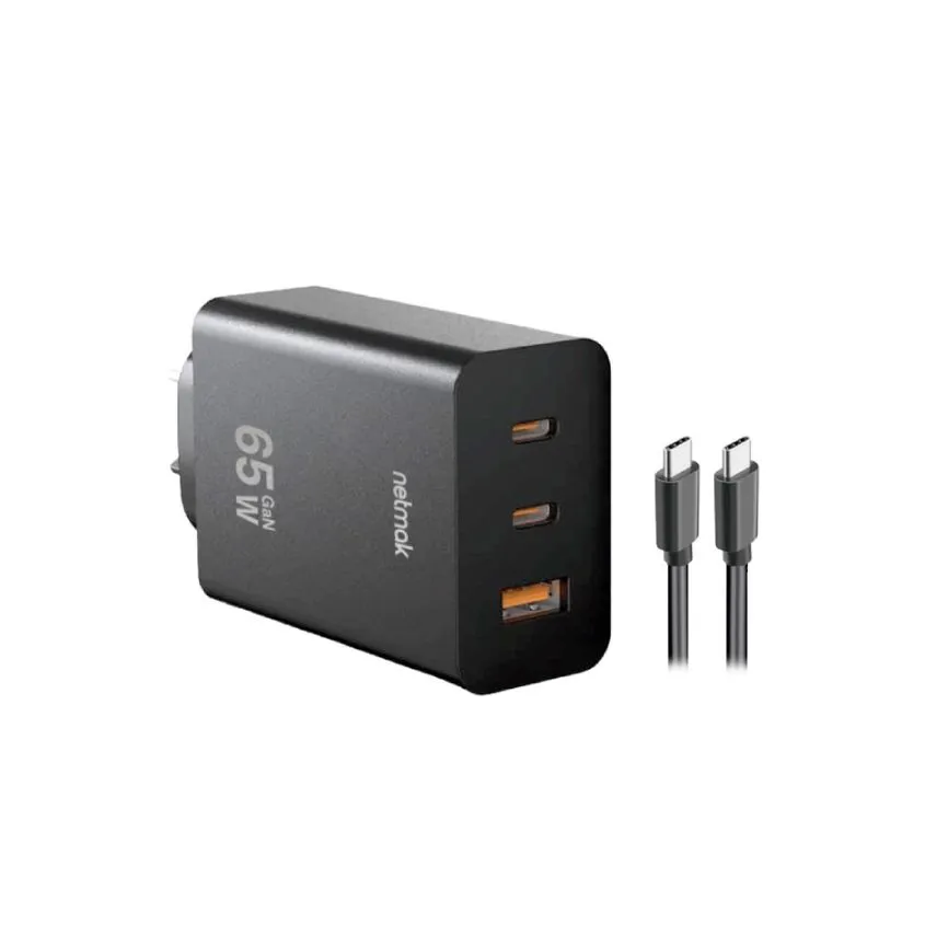 Cargador GaN 65W Ultra Rapido - Triple salida c/ cable Tipo-C Netmak NM-CP42