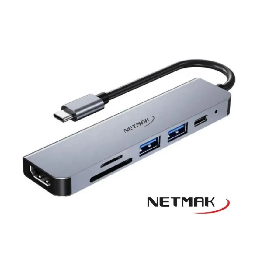 Adaptador 6 en 1 Tipo-C a (HDMI+TF+SD+USB2.0+USB3.0 +USB-C PD) Netmak N NM-6EN1